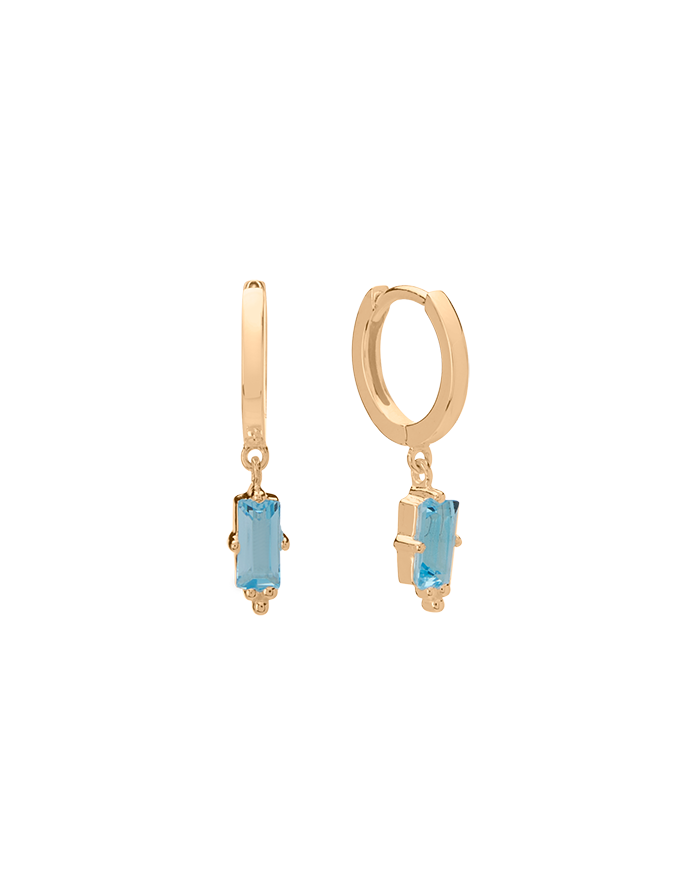 Huggies w Hanging Blue Topaz Baguette 18KT YGP