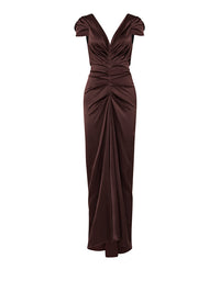 A floor-length dark brown satin gown with a deep V-neckline, cap sleeves, and dramatic gathered draping details on the bodice and skirt, shown against a plain white background.