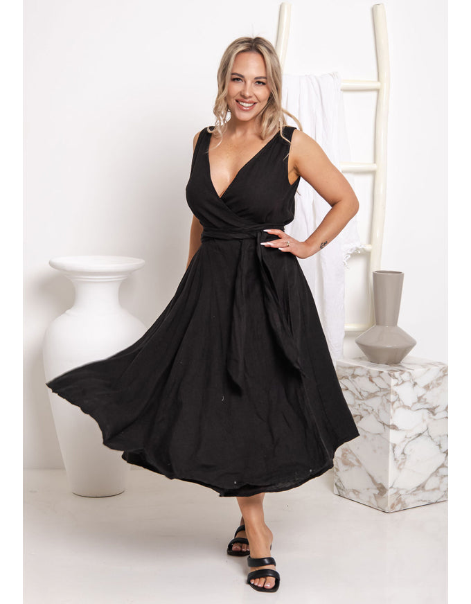 Lenora Wrap Dress Black Linen