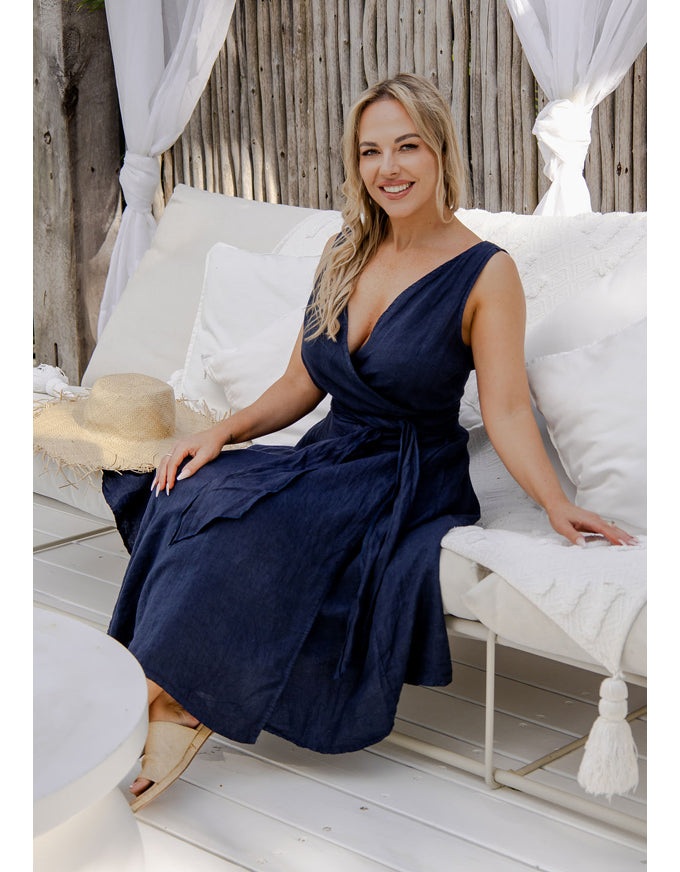 Lenora Wrap Dress Navy Linen
