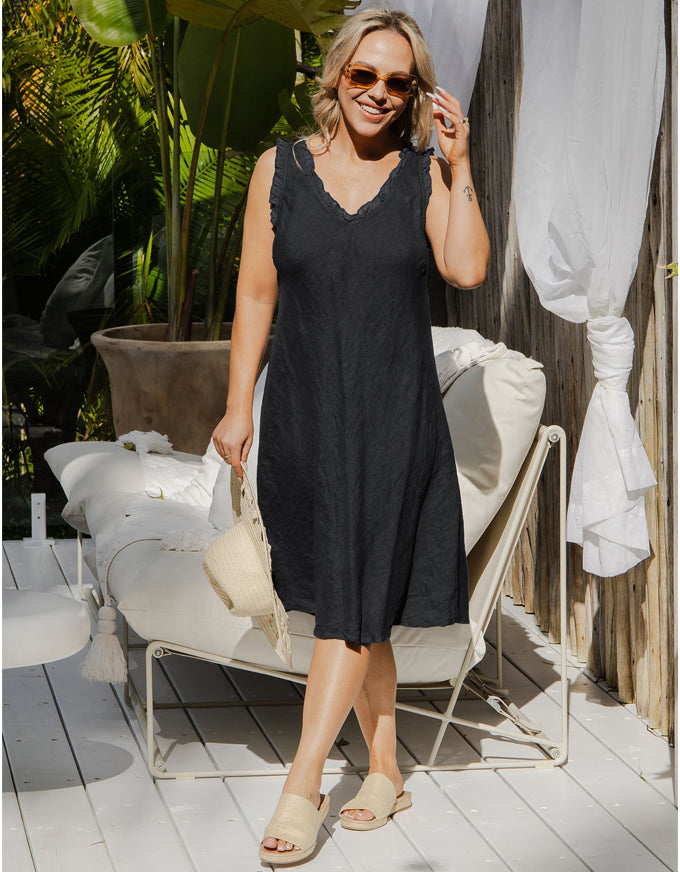 Milagra Frill Trim Linen Dress Black