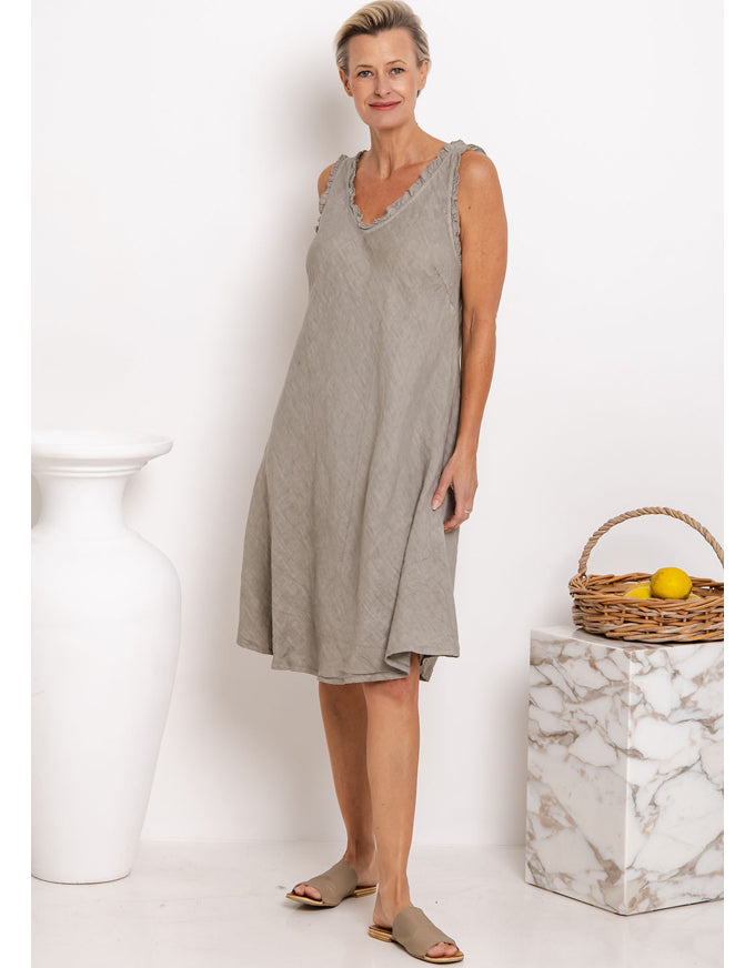 Milagra Frill Trim Linen Dress Mocha