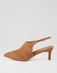 Brown suede heeled shoe on a light gray background