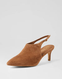 Brown suede slingback shoe on a light gray background