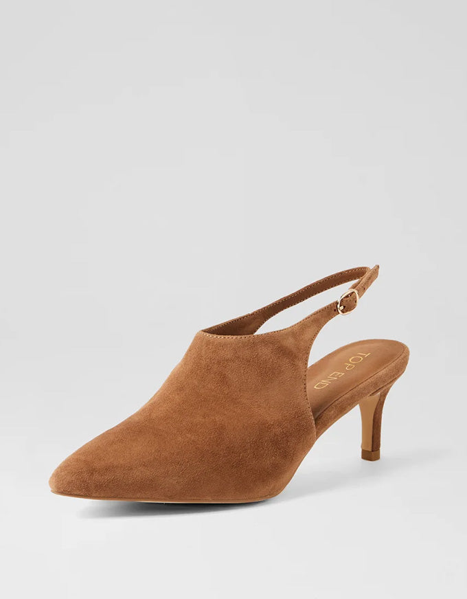 Brown suede slingback shoe on a light gray background