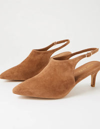 Pair of brown suede slingback heels on a white background