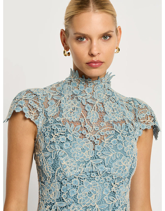Tiffany Cap Sleeve Dress Light Blue/Ivory - Australian Made