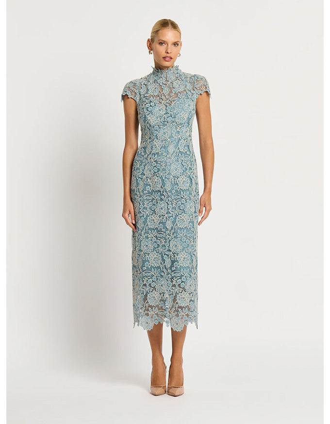 Tiffany Cap Sleeve Dress Light Blue/Ivory - Australian Made
