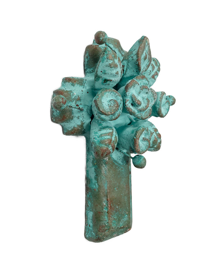 Turquoise Green Cross, made with Clay. With Flower detail