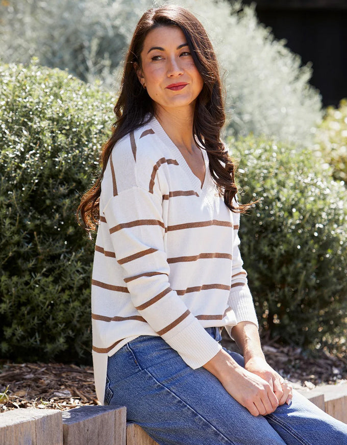 Stripe V-neck pullover in vanilla and hazel with horizontal stripes and relaxed fit