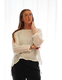 Valentina Stonewash Linen Top White Mesh