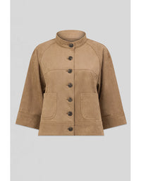 Brown jacket with button details on a light gray background