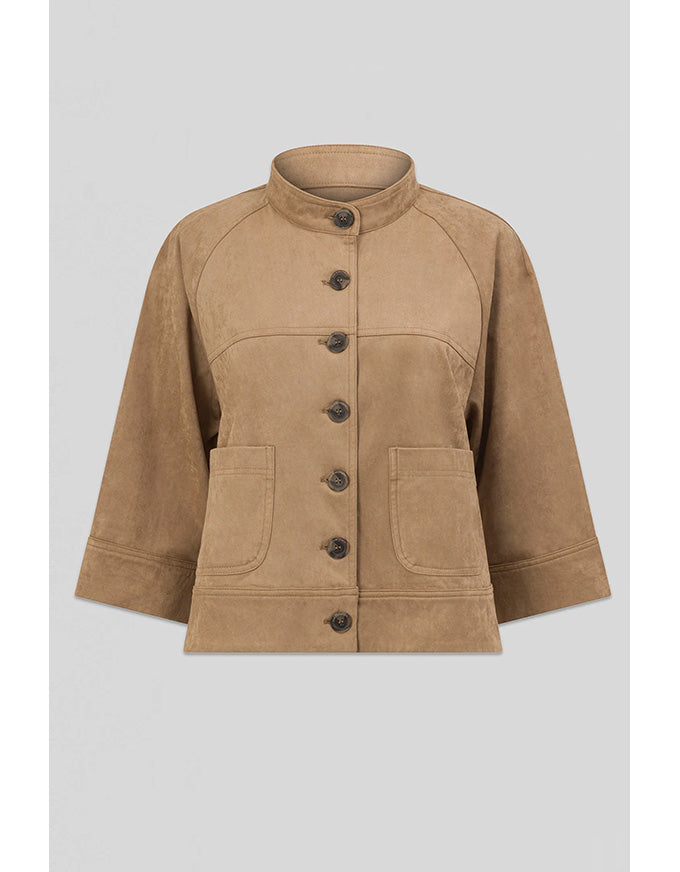 Brown jacket with button details on a light gray background
