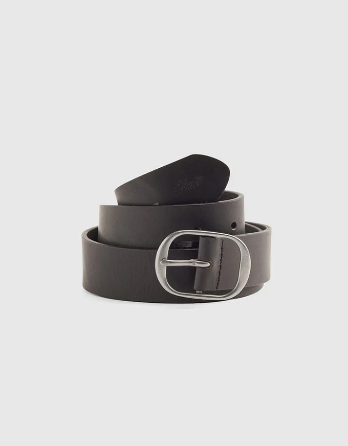 Brown leather belt with a silver concho buckle on a white background