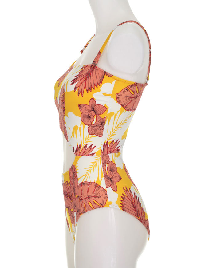 Yellow Floral Cut-out One Piece