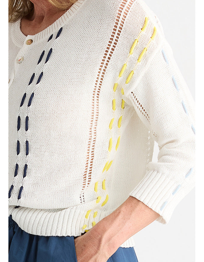 A close-up of a woman wearing a cream knit sweater with decorative vertical rows of navy, yellow, and light blue embroidered or openwork details, paired with blue bottoms against a light gray background.