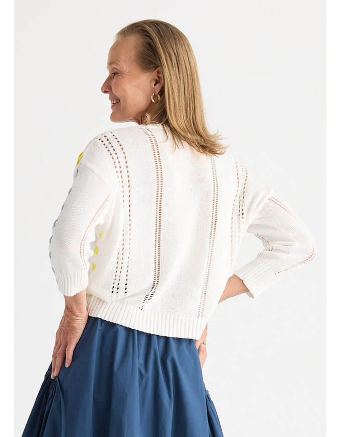 A woman shown from the back wearing a white knit cardigan with vertical openwork cutout details and yellow embroidered accents on the shoulder, paired with a blue skirt, against a light gray studio background.