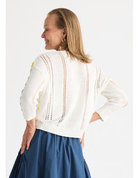 A woman shown from the back wearing a white knit cardigan with vertical openwork cutout details and yellow embroidered accents on the shoulder, paired with a blue skirt, against a light gray studio background.