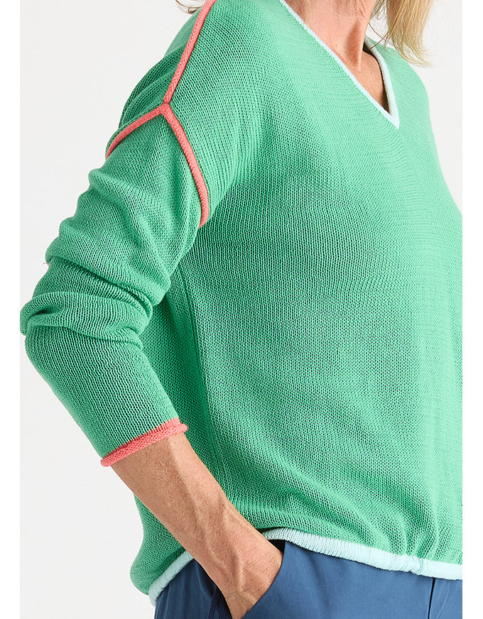 A close-up of a woman wearing a mint green ribbed knit sweater with contrasting pink trim along the shoulders and cuffs, paired with blue pants.