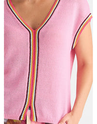A close-up of a pink knit top with a V-neck and short sleeves, featuring multicolor striped trim in pink, yellow, white, and black along the neckline and sleeve edges. Crochet Trim Tank - Begonia Park