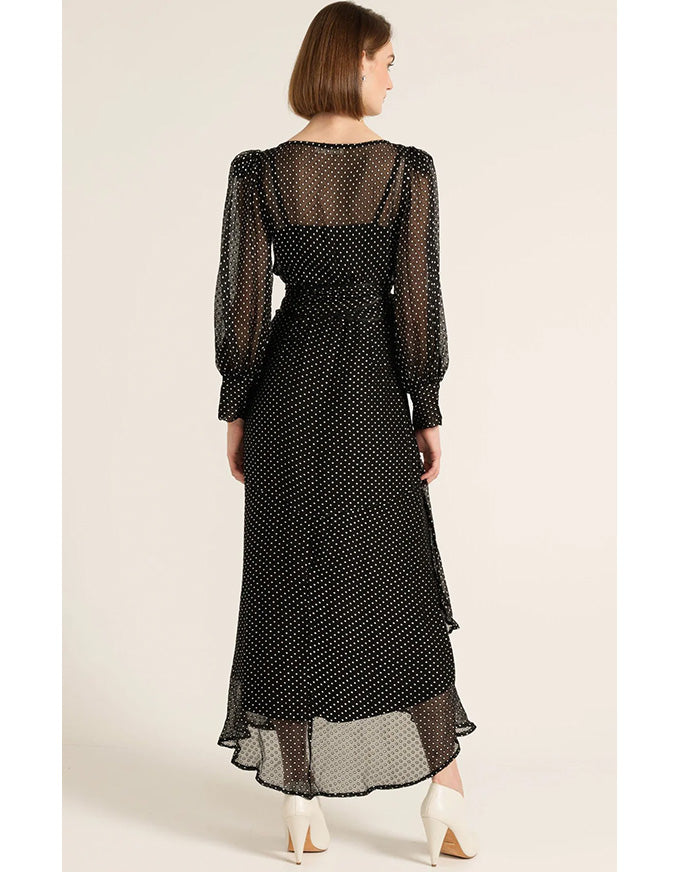 Calais Wrap Dress Black & Cream Spot