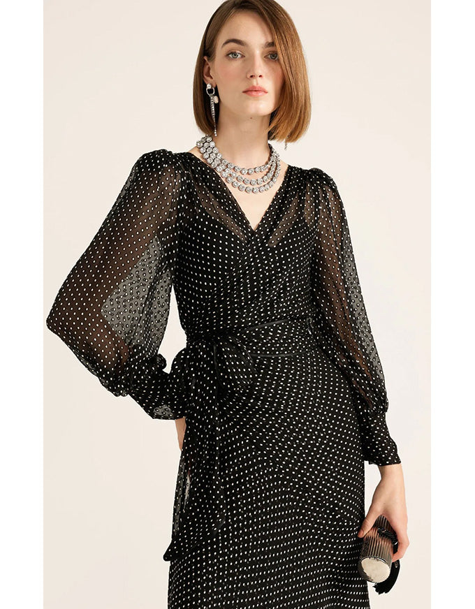Calais Wrap Dress Black & Cream Spot