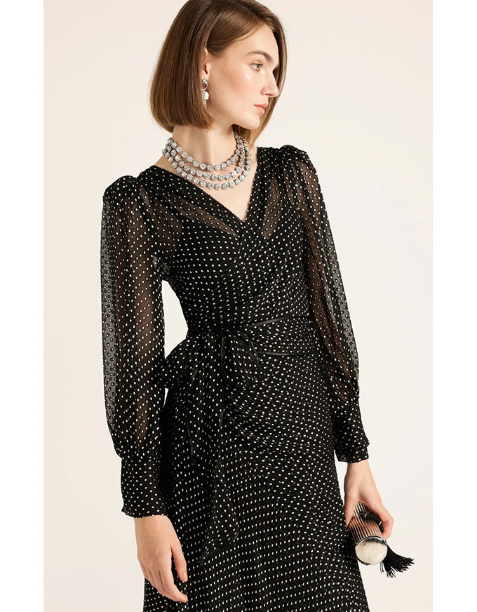Calais Wrap Dress Black & Cream Spot