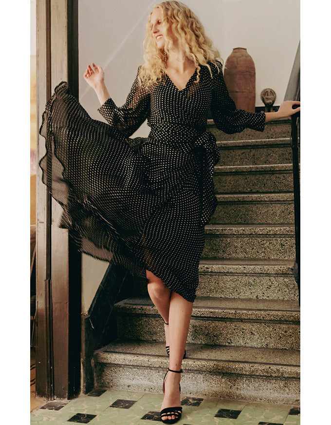 Calais Wrap Dress Black & Cream Spot