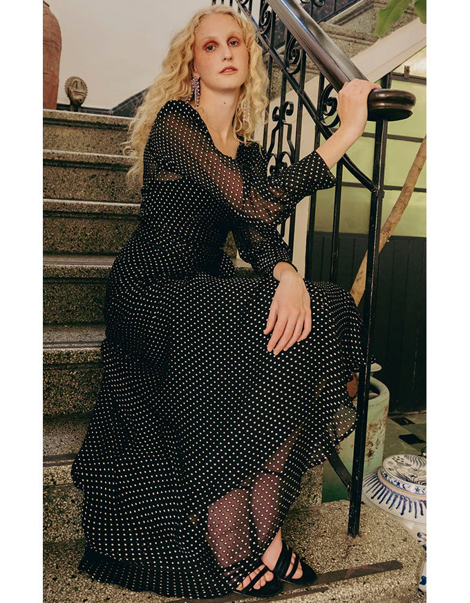 Calais Wrap Dress Black & Cream Spot