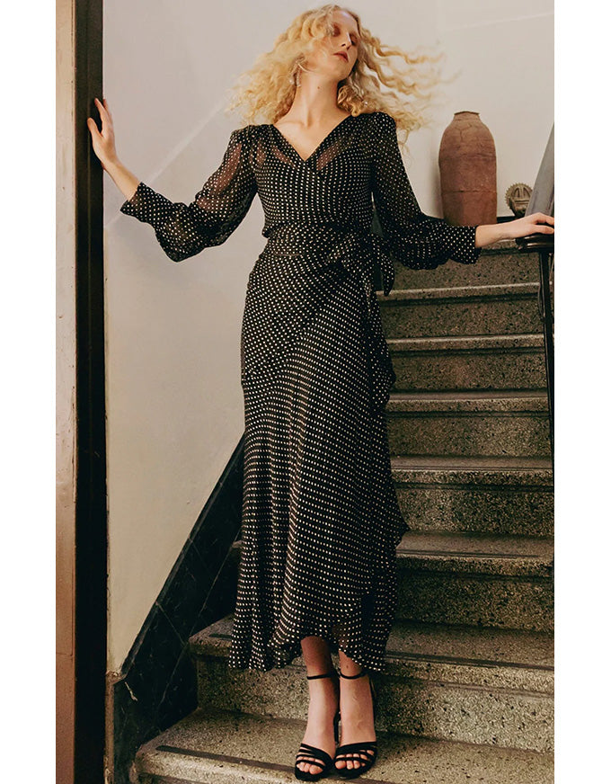 Calais Wrap Dress Black & Cream Spot