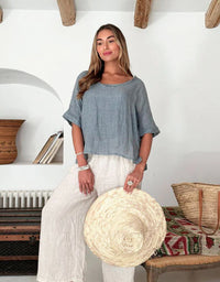 Cara Linen Top Smokey Blue