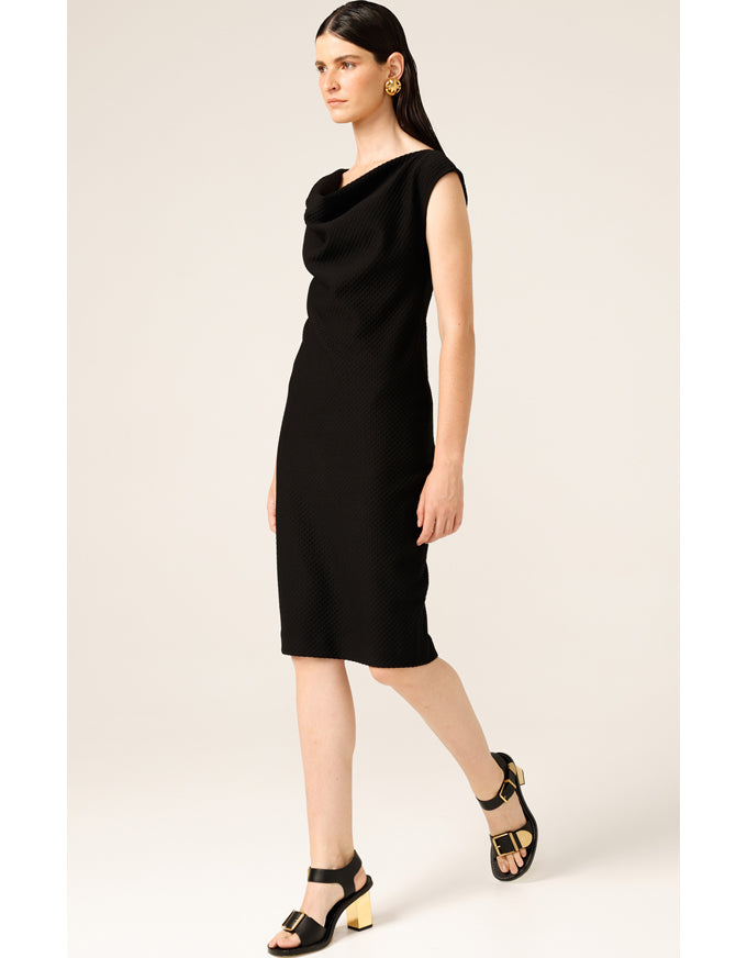 Checker Cowl Dress In Black Check Jacquard
