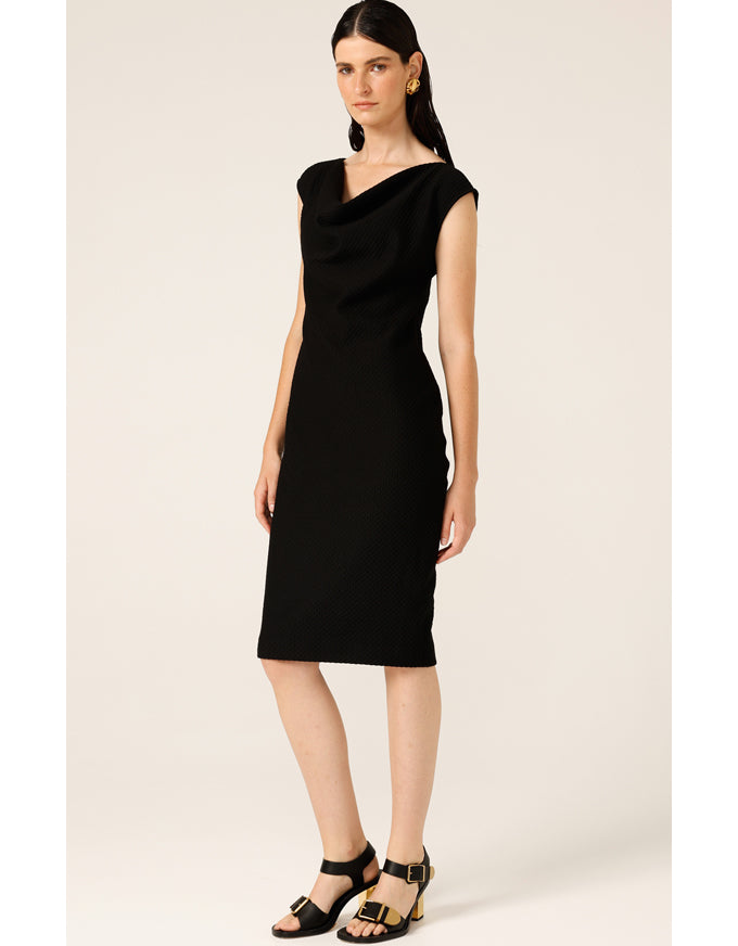 Checker Cowl Dress In Black Check Jacquard