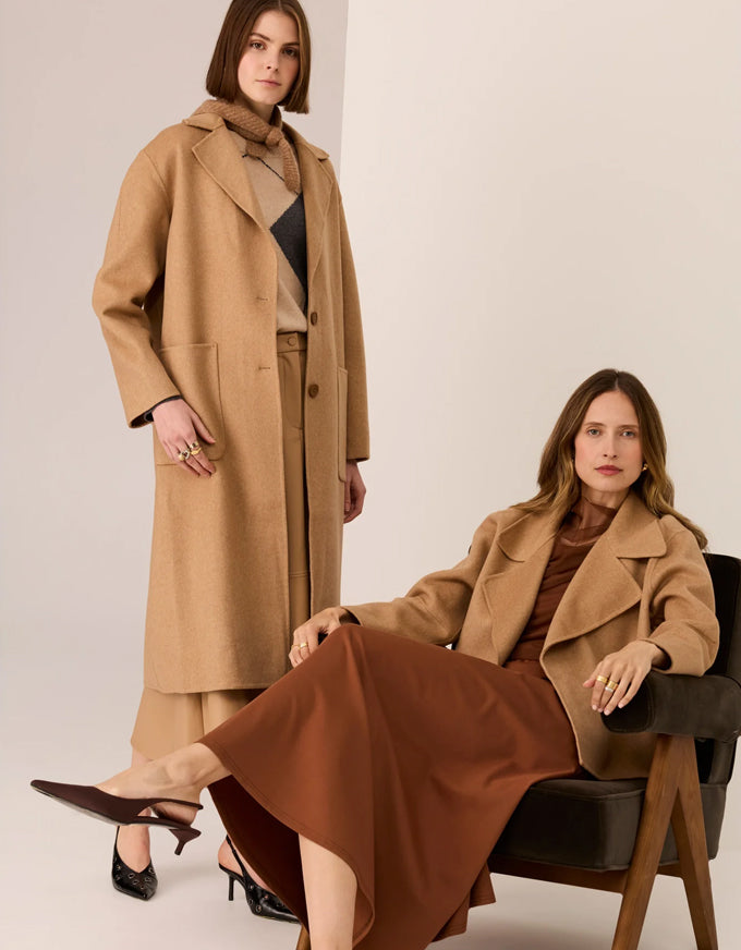 POL Cohen long wool coat in camel with notched lapel and patch pockets, worn on model