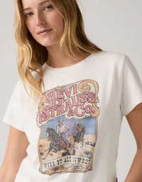 Woman wearing a white t-shirt with Levi Strauss & Co. graphic design. Graphic Boxy TShirt Western Archival