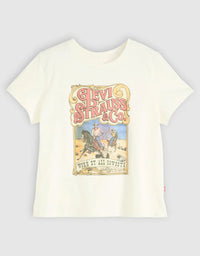 White t-shirt with Levi Strauss & Co graphic on a light gray background. Graphic Boxy TShirt Western Archival