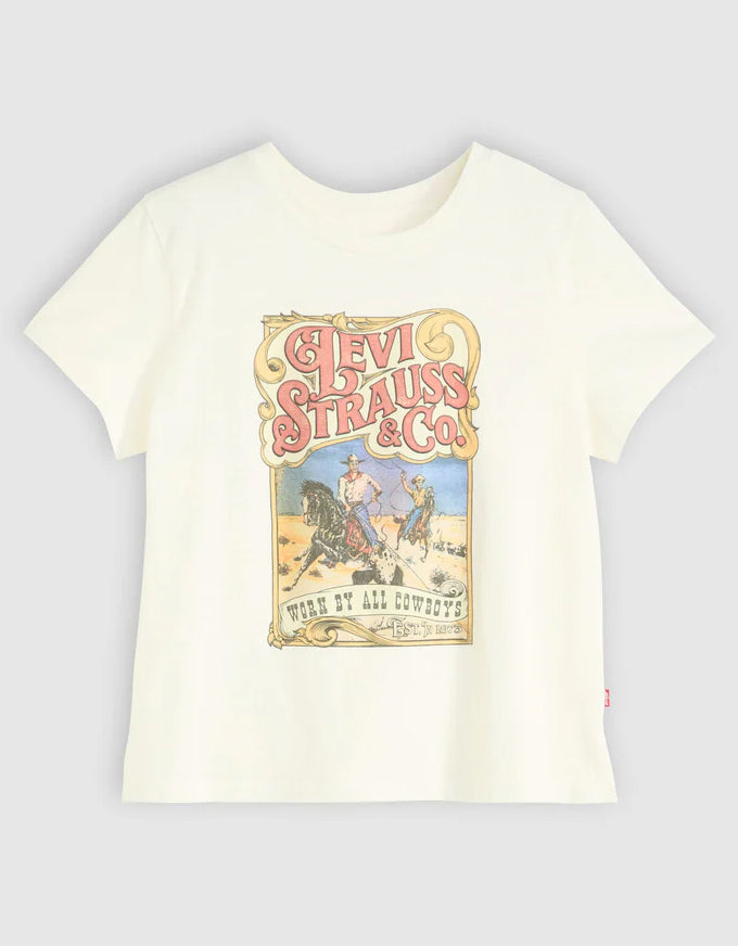 White t-shirt with Levi Strauss & Co graphic on a light gray background. Graphic Boxy TShirt Western Archival