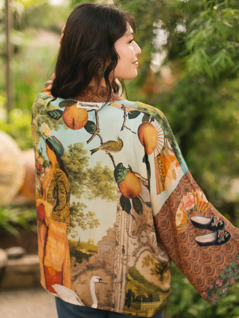 Secret Garden Cropped Bamboo Kimono with Swan