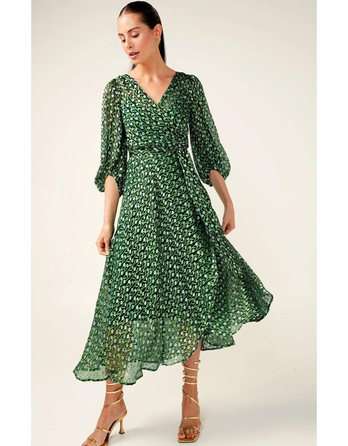Wonderland Midi Wrap Dress Emerald Poppy