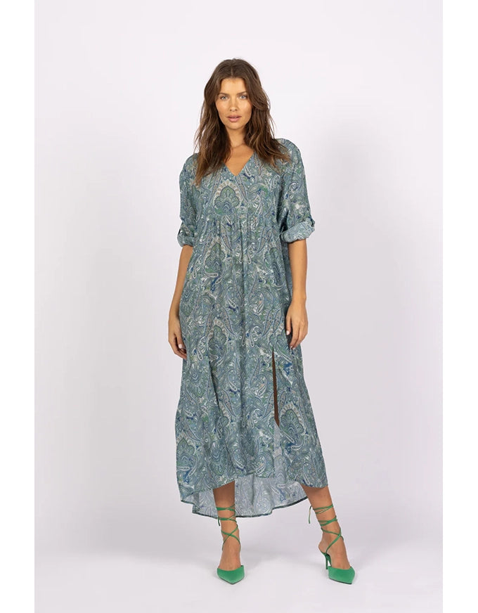 Damask Paisley Kaftan Dress Blue/Green