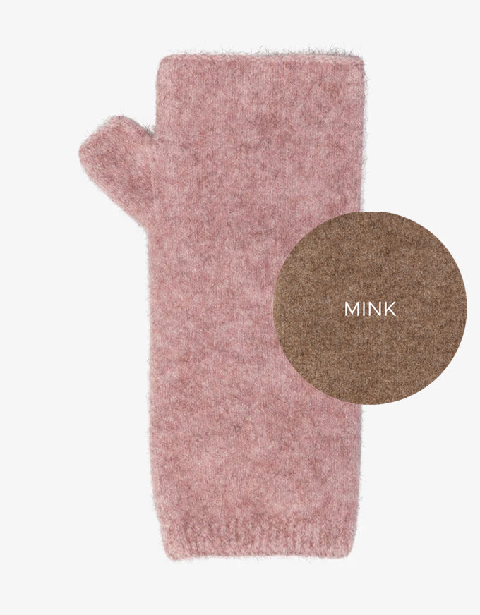 Pink knitted glove with a close-up of mink color swatch on a white background