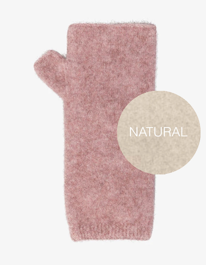 Pink knitted glove on a white background with a 'Natural' label.