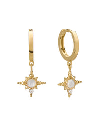 Gold hoop earrings with star-shaped drops featuring pearls on a white background