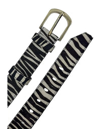 Zebra pattern belt with a silver buckle on a white background