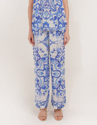Larch Trouser Venezia. Blue & White silk print pants