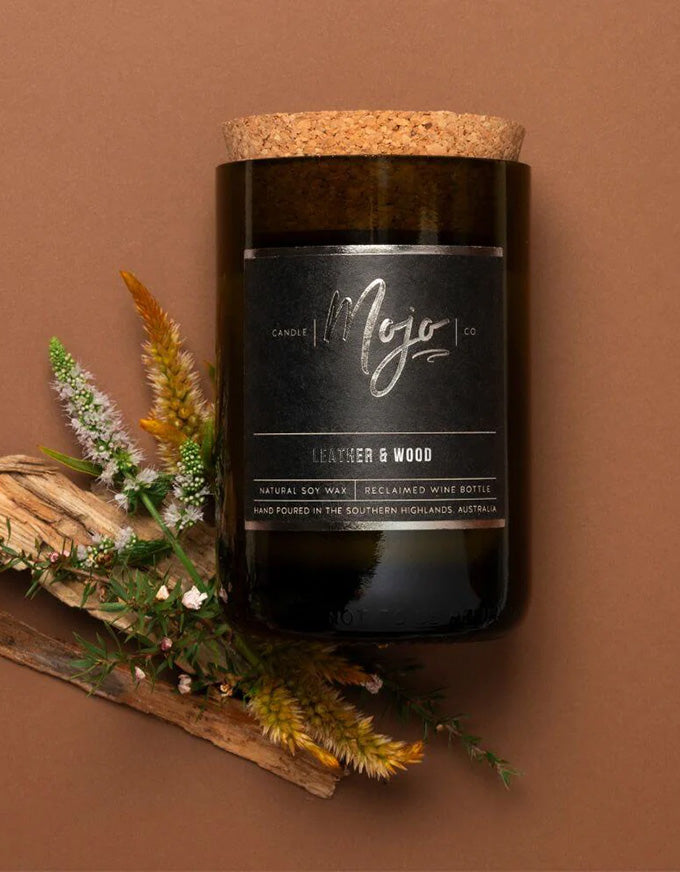 Wine Bottle Candle Leather & Wood