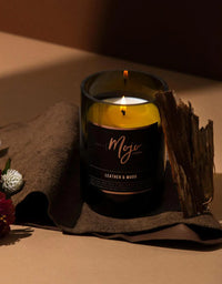 Wine Bottle Candle Leather & Wood