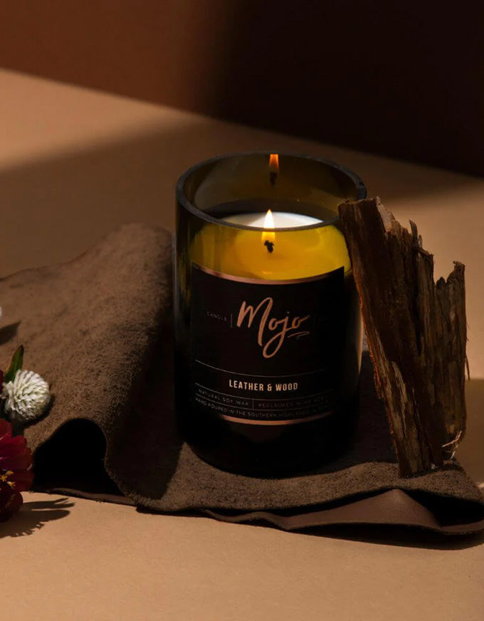 Wine Bottle Candle Leather & Wood
