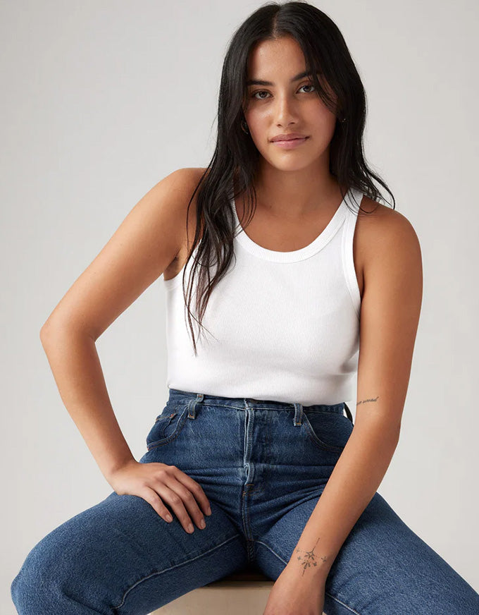 Essential Racer Tank White Rib