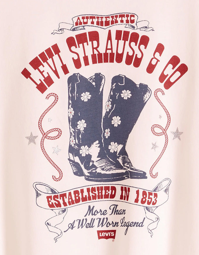 A close-up of a graphic print on a light beige fabric, featuring navy blue cowboy boots with white daisy patterns, surrounded by red and navy text that reads 'Authentic Levi Strauss & Co' and 'Established in 1853'.